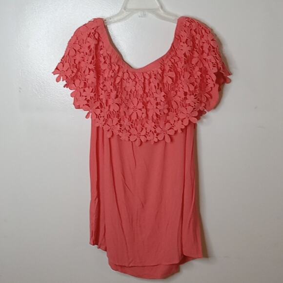 Kori America Women's. Orange short sleeve top with Crochet overlay. Medium - Picture 5 of 8